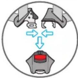 Diagram showing two mechanical components connected to a red button, with arrows indicating direction (no text or symbols)
