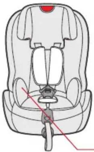 Top-down line drawing of a car seat with a red accent marking (no text or symbols)