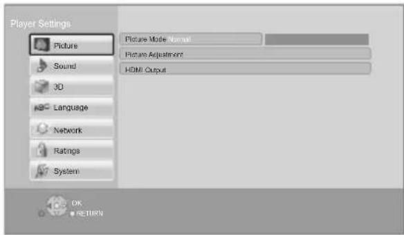 Player Settings. Picture. Sound. 3D. Language. Network. Ratings. System. Picture Mode Name. Picture Adjustment. HDMI Output. OK. RETURN