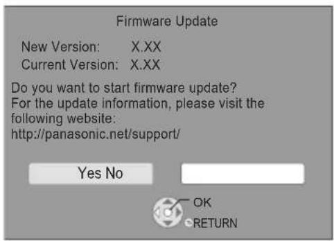 Firmware Update New Version: X.XX Current Version: X.XX Do you want to start firmware update? For the update information, please visit the following website: http://panasonic.net/support/ Yes No OK RETURN