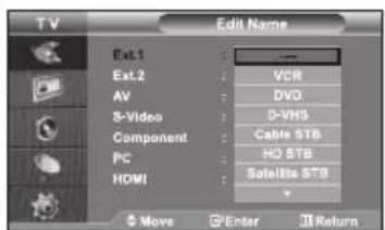 TV Edit Name Ext.1 Ext.2 AV S-Video Component PC HDMI VCR DVD D-VHS Cable STB HD STB Satellite STB Move Enter Return