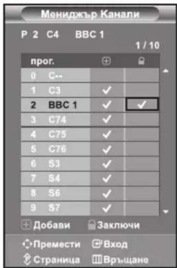 Мениджър Канали P 2 C4 BBC 1 1 / 10 прог. + 0 C-- 1 C3 ✓ 2 BBC 1 ✓ ✓ 3 C74 ✓ 4 C75 ✓ 5 C76 ✓ 6 S3 ✓ 7 S4 ✓ 8 S6 ✓ 9 S7 ✓ + Добави Заключи • Премести □ Вход ♠ Страница ▢ Връщане