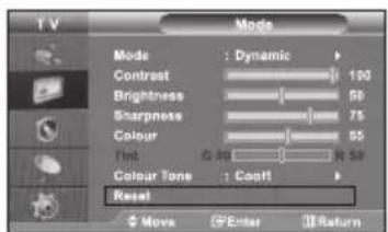 TV Mode Mode : Dynamic Contrast 100 Brightness 50 Sharpness 75 Colour 55 Tint GND R 50 Colour Tone : Cont Reset Move Enter Return