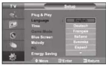 Setup Plug & Play Language Time Game Mode Blue Screen Melody Energy Saving English Deutsch Français Itano Svenska Espool Move Enter Return