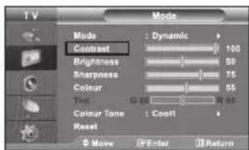 TV Mode Mode : Dynamic Contrast 100 Brightness 50 Sharpness 75 Colour 55 Tint Q 50 R 50 Colour Tone Cool Reset Move Enter Return