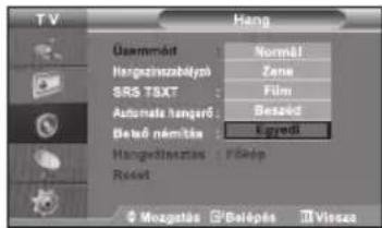 TV Hang Össammót Normal Hargezinszélysh Zenu SRS TEXT Film Automat hanger Beszéd Bető némítás Egyedí Hangkölteszés Fözp Reset © Mozgatás © Belépés © Vissza