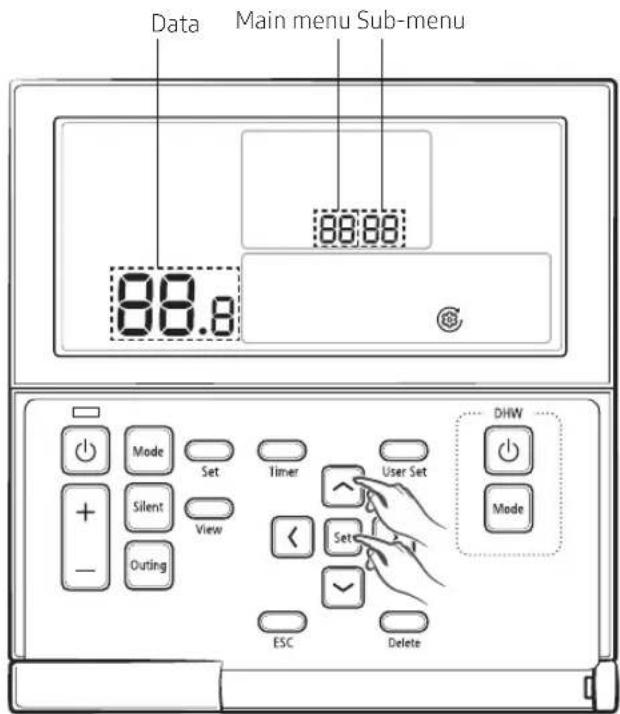 Data Main menu Sub-menu 88.8 Mode Set Timer User Set DHW Solid Silent View Outing Set ESC Delete Mode
