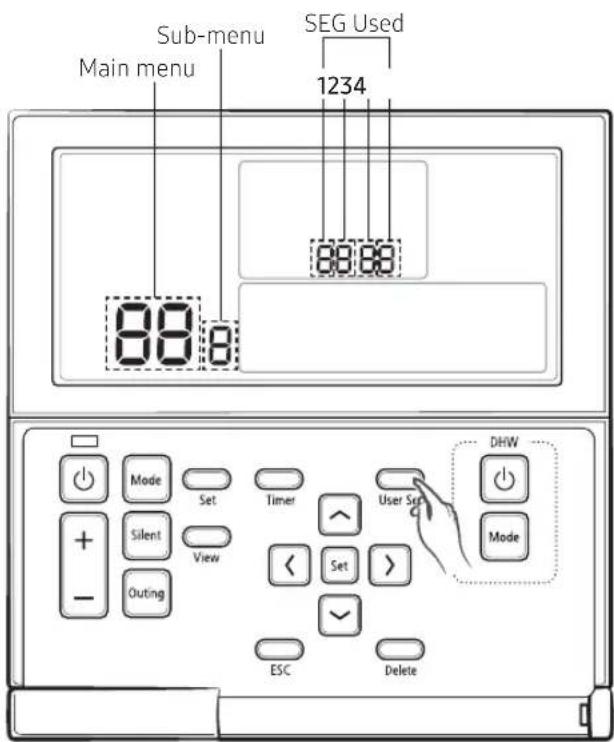 Sub-menu Main menu SEG Used 1234 88:8 User Set DHW Mode Set Timer User Set + - Silent View < Set > Outing ESC Delete