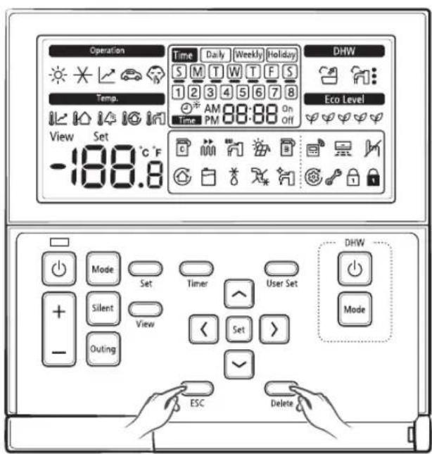 Operation Temp. View Set -188.8 Time Daily Weekly Holiday S M T W T F S 1 2 3 4 5 6 7 8 * AM 88:88 On Time PM Off DHW Eco Level Mode Set Timer User Set Silent View < Set > Outing ESC Delete DHW Mode