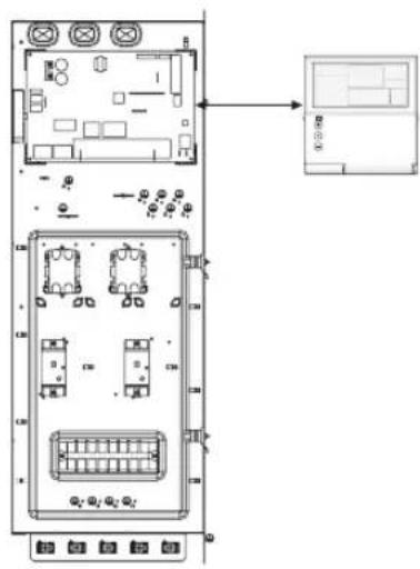Technical diagram of a room layout with labeled compartments and directional arrows indicating movement or connection.