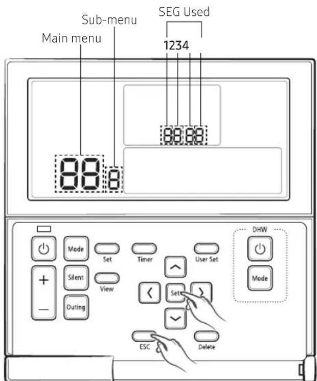 Sub-menu Main menu SEG Used 1234 88:8 88:88 Mode Set Timer User Set DHW + Silent View Outing < Set > ESC Delete Mode