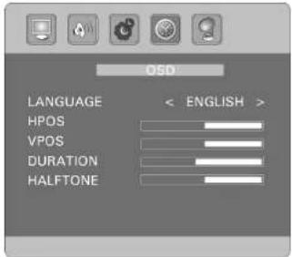 OSD LANGUAGE < ENGLISH > HPOS VPOS DURATION HALFTONE