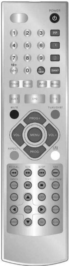 POWER 1 2 3 PP 4 5 6 7 8 9 10+ 0 Q VIEW SWAP -/- FORMAT AUDIO INFO RECALL SUB 1 EPG TTX MUTE TV/AV/DVBT PROG+ VOL- MENU VOL+ ASPECT PROG- I/II REVEAL SIZE STOP MIX INDEX TEXT SUB PAGE OPEN RED EXIT LIST ON/OFFS ON/OFFS START SLUX