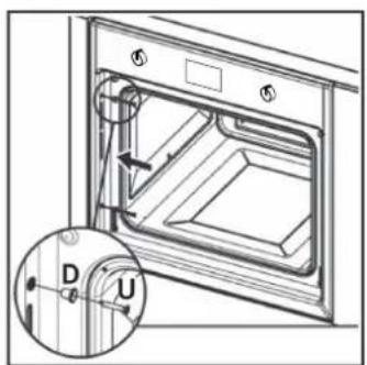 Technical diagram of a door with labeled components and an inset showing dimensioning of D and U.