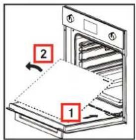 Diagram of an oven with labeled parts showing a paper being placed on the tray, marked with numbered annotations.