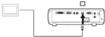 Diagram showing connection between a device and a cable, with labeled ports and an arrow indicating a specific component.
