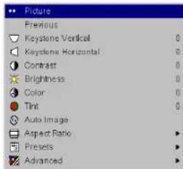 Picture Previous Keystone Vertical 0 Keystone Horizontal 0 Contrast 0 Brightness 0 Color 0 Tint 0 Auto Image Aspect Ratio ▶ Presets ▶ Advanced ▶