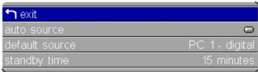 exit auto source default source PC 1 - digital standby time 15 minutes