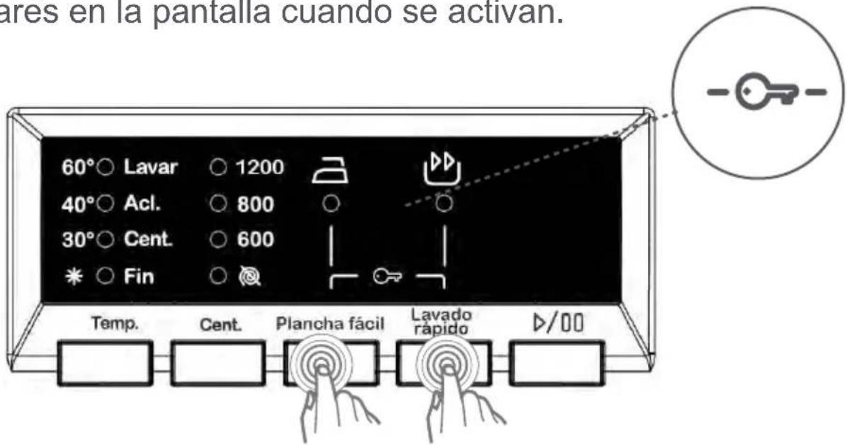 ares en la pantalla cuando se activan. 60°○ Lavar ○ 1200 40°○ Acl. ○ 800 30°○ Cent. ○ 600 * ○ Fin ○ Temp. Cent. Plancha fácil Lavado rápido ▷/00