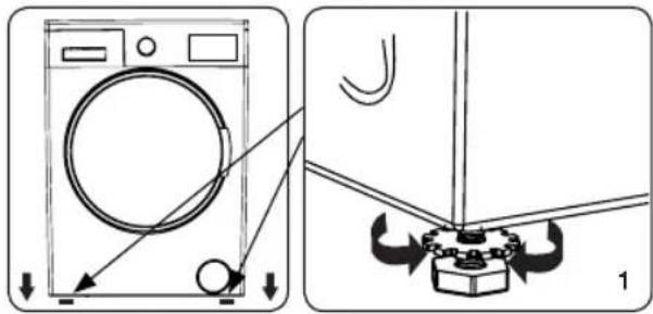 Diagram showing a washing machine with labeled parts and directional arrows, alongside a close-up of the component being installed.