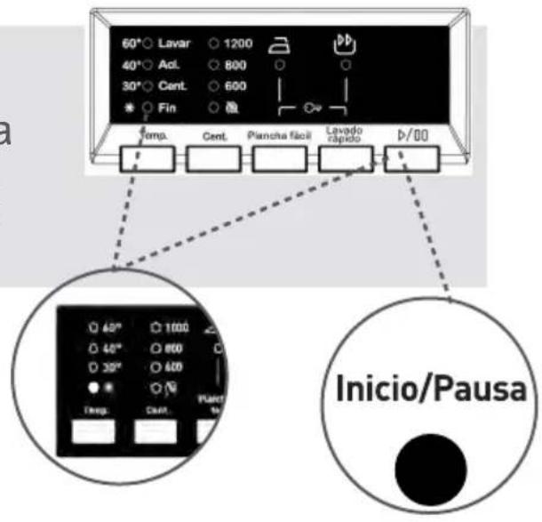 60°○ Lavar ○ 1200 40°○ Acl. ○ 800 30°○ Cent. ○ 600 ●○ Fin Temp. Cent. Plancha fácil Lavado rápido D/00 40°○ 1000 40°○ 800 30°○ 400 Disg. Cent. Placid Inicio/Pausa