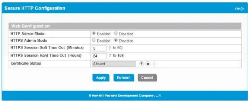 Secure HTTP Configuration Help Web Configuration HTTP Admin Mode Enabled Disabled HTTPS Admin Mode Enabled Disabled HTTPS Session Soft Time Out (Minutes) 5 (1 to 60) HTTPS Session Hard Time Out (Hours) 24 (1 to 168) Certificate Status Absent Apply Refresh Cancel © Hewlett-Packard Development Company, L.P.