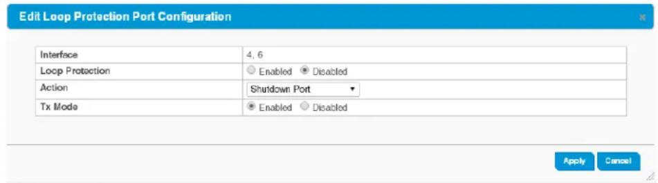 Edit Loop Protection Port Configuration Interface 4, 6 Loop Protection ● Enabled ● Disabled Action Shutdown Port Tx Mode ● Enabled ● Disabled Apply Cancel