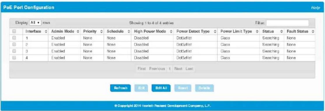 PoE Port Configuration Help Display All rows Showing 1 to 4 of 4 entries Filter: Interface Admin Mode Priority Schedule High Power Mode Power Detect Type Power Limit Type Status Fault Status 1 Enabled None None Disabled DotSet/at Class Searching None 2 Enabled None None Disabled DotSet/at Class Searching None 3 Enabled None None Disabled DotSet/at Class Searching None 4 Enabled None None Disabled DotSet/at Class Searching None First Previous Next Last Refresh Edit Edit All Reset Details © Copyright 2014 Howlett Passard Development Company, L.P.