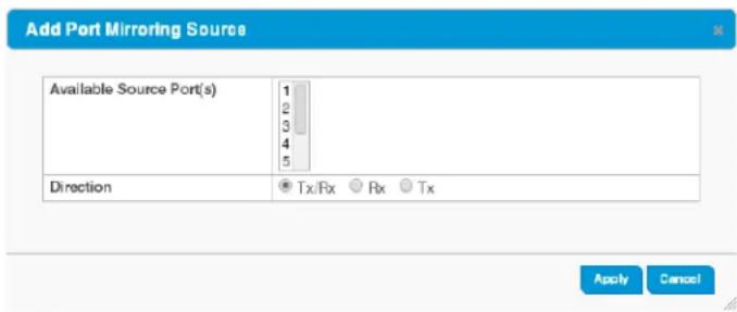 Add Port Mirroring Source Available Source Port(s) 1 2 3 4 5 Direction Tx/Rx Rx Tx Apply Cancel