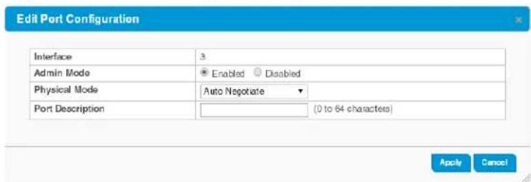 Edit Port Configuration Interface 3 Admin Mode ● Enabled ● Disabled Physical Mode Auto Negotiate Port Description (0 to 64 characters) Apply Cancel