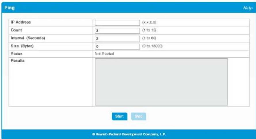 Ping Help IP Address (x.x.x.x) Count 3 (1 to 15) Interval (Seconds) 3 (1 to 60) Size (Bytes) 0 (0 to 13000) Status Not Started Results Start Stop © Hewlett-Packard Development Company, L.P.