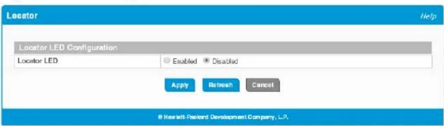 Locator Help Locator LED Configuration Locator LED Enabled *Disabled Apply Refresh Cancel © Harlett-Packard Development Company, L.P.