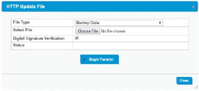 HTTP Update File File Type Backup Code Select File Choose File No file chosen Digital Signature Verification Status Begin Transfer Close