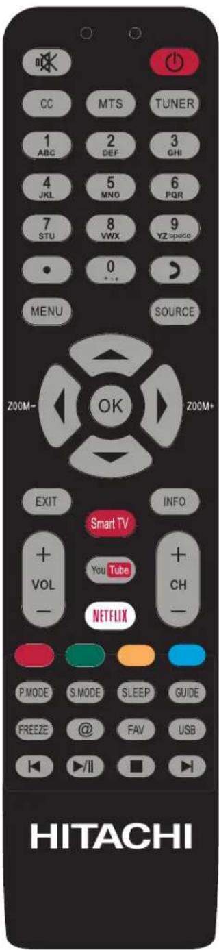 CC MTS TUNER 1 ABC 2 DEF 3 OHI 4 JKL 5 MNO 6 PQR 7 STU 8 VWX 9 YZ SPACE 0 ... MENU SOURCE ZOOM- OK ZOOM+ EXIT INFO Smart TV + VOL You Tube + CH - NETFLIX P MODE S MODE SLEEP GUIDE FREEZE @ FAV USB K ▶/II HITACHI