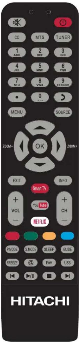 CC MTS TUNER 1 ABC 2 DEF 3 GHI 4 JKL 5 MNO 6 PQR 7 STU 8 VWX 9 YZ space 0 MENU SOURCE ZOOM- OK ZOOM+ EXIT INFO Smart TV + VOL You Tube + NETFLIX CH - P.MODE S.MODE SLEEP GUIDE FREEZE @ FAV USB ▶/II HITACHI