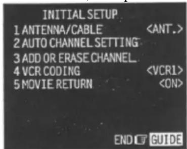 INITIAL SETUP 1 ANTENNA/CABLE 2 AUTO CHANNEL SETTING 3 ADD OR ERASE CHANNEL 4 VCR CODING 5 MOVIE RETURN END GUIDE