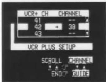 VCR+ CH CHANNEL 41 -- 42 + 38 - 43 -- UCR PLUS SETUP SCROLL CHANNEL ENDUP GUIDE
