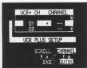 VCR+ CH CHANNEL 01 + 02 -- VCR PLUS SETUP SCROLL CHANNEL ENDO GUIDE