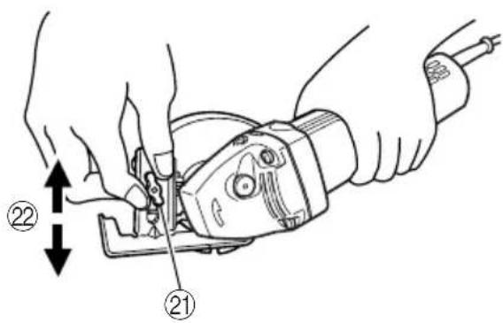 Technical diagram showing hands using a power tool with labeled parts 21 and 22, indicating mechanical assembly or disassembly.