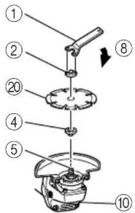 Exploded view diagram of a mechanical assembly with numbered parts and directional arrow indicating motion