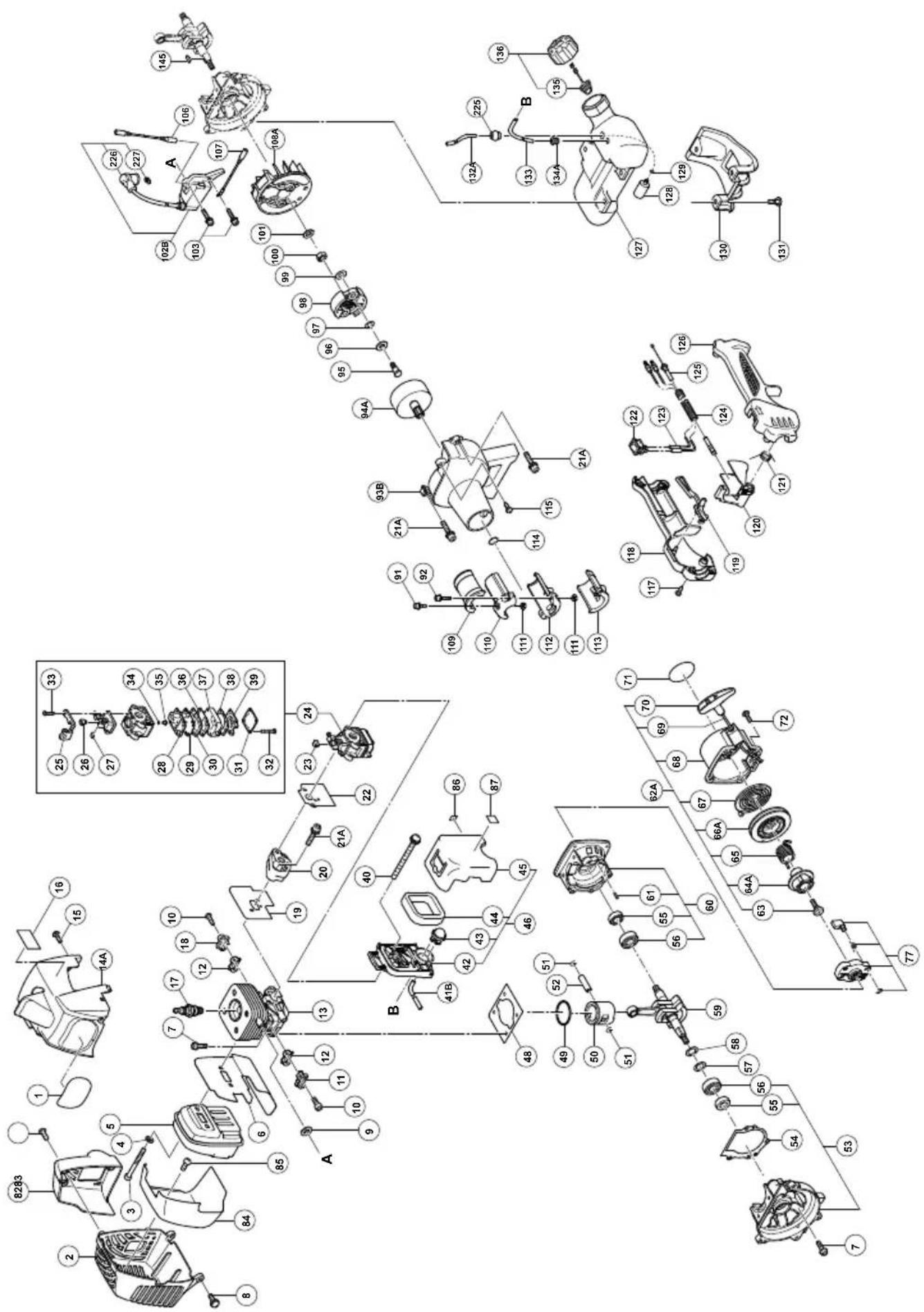Exploded view diagram of a mechanical assembly with numbered components and labeled parts A, B, and C.