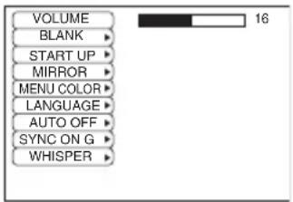 VOLUME BLANK START UP MIRROR MENU COLOR LANGUAGE AUTO OFF SYNC ON G WHISPER