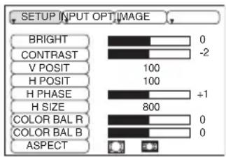 BRIGHT CONTRAST V POSIT H POSIT H PHASE H SIZE COLOR BAL R COLOR BAL B ASPECT 0 -2 100 100 +1 800 0 0