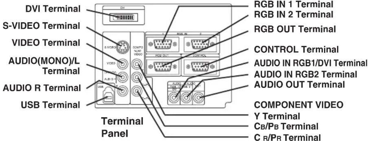 DVI Terminal S-VIDEO Terminal VIDEO Terminal AUDIO(MONO)/L Terminal AUDIO R Terminal USB Terminal Terminal Panel RGB IN 1 Terminal RGB IN 2 Terminal RGB OUT Terminal CONTROL Terminal AUDIO IN RGB1/DVI Terminal AUDIO IN RGB2 Terminal AUDIO OUT Terminal COMPONENT VIDEO Y Terminal C_B/P_B Terminal C_R/P_R Terminal