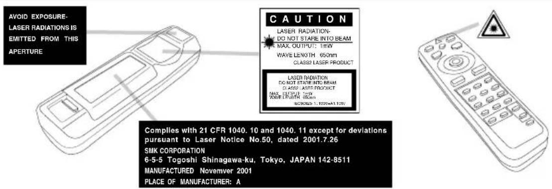 AVOID EXPOSURE- LASER RADIATIONS IS EMITTED FROM THIS APERTURE CAUTION LASER RADIATION- DO NOT STARE INTO BEAM MAX. OUTPUT: 1mW WAVE LENGTH 650nm CLASS2 LASER PRODUCT LASER RADIATION DO NOT STARE INTO BEAM CLASS2 LASER PRODUCT MAX. OUTPUT: 1mW WAVE LENGTH 850nm EC90029 1.10204A1.139V Comples with 21 CFR 1040. 10 and 1040. 11 except for deviations pursuant to Laser Notice No.50, dated 2001.7.26 SMK CORPORATION 6-5-5 Togoshi Shinagawa-ku, Tokyo, JAPAN 142-8511 MANUFACTURED Novemver 2001 PLACE OF MANUFACTURER: A