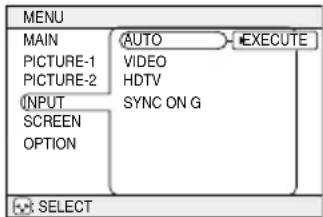 MENU MAIN PICTURE-1 PICTURE-2 INPUT SCREEN OPTION AUTO EXECUTE VIDEO HDTV SYNC ON G SELECT