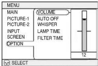MENU MAIN PICTURE-1 PICTURE-2 INPUT SCREEN OPTION VOLUME AUTO OFF WHISPER LAMP TIME FILTER TIME 12 SELECT