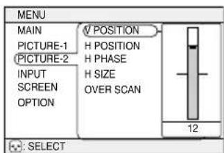 MENU MAIN PICTURE-1 PICTURE-2 INPUT SCREEN OPTION V POSITION H POSITION H PHASE H SIZE OVER SCAN 12 : SELECT