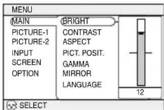 MENU MAIN BRIGHT PICTURE-1 CONTRAST PICTURE-2 ASPECT INPUT PICT. POSIT. SCREEN GAMMA OPTION MIRROR LANGUAGE 12 SELECT