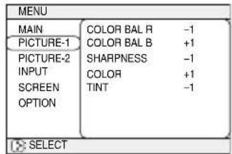 MENU MAIN PICTURE-1 PICTURE-2 INPUT SCREEN OPTION COLOR BAL R -1 COLOR BAL B +1 SHARPNESS -1 COLOR +1 TINT -1 SELECT